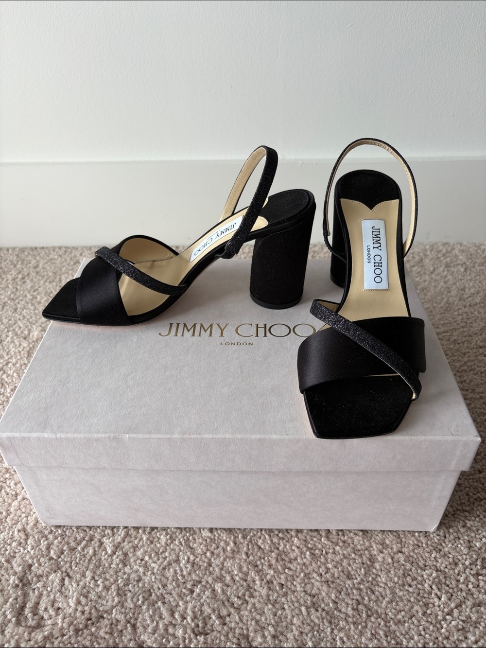 Jimmy Choo Black Satin Crisscross Block Heel Sandals